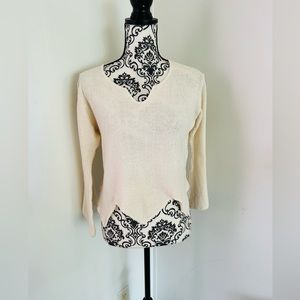 E & M Women’s Ivory Slit Crew Neck Bell Sleeve Zig Zag Edge Crop Sweater Size M